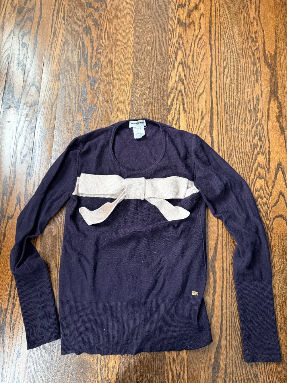 Sonia Rykiel navy wool blend pink bow sweater 40 XS